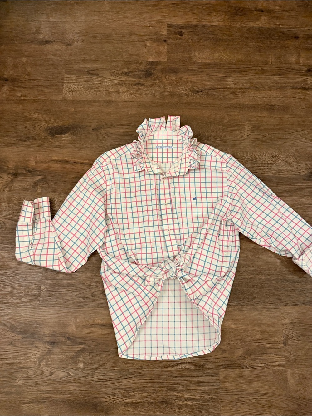 Southern Tide Plaid Upcycled Ruffle-Collar Button Down Pink and Blue Size Large